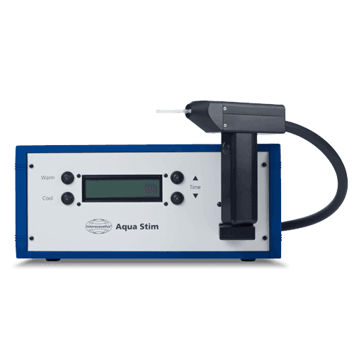 Interacoustics Aqua Stim, et balance test system med en stor skærm, der viser auditive data, og et tastatur til indtastning af data